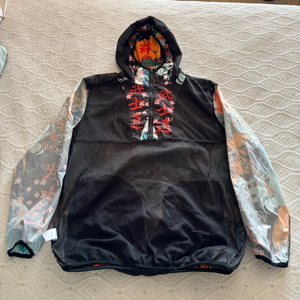 Reason Clothing Kanji Japan Print Dragon Half-Zip Anorak Hoodie Jacket Sz Medium